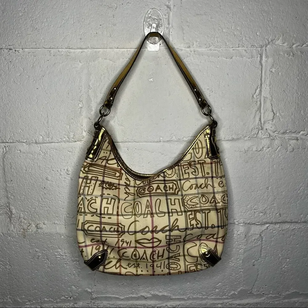 Coach Tattersole Graffiti Hobo Shoulder Bag Leather Beige Multicolor L0868-13309